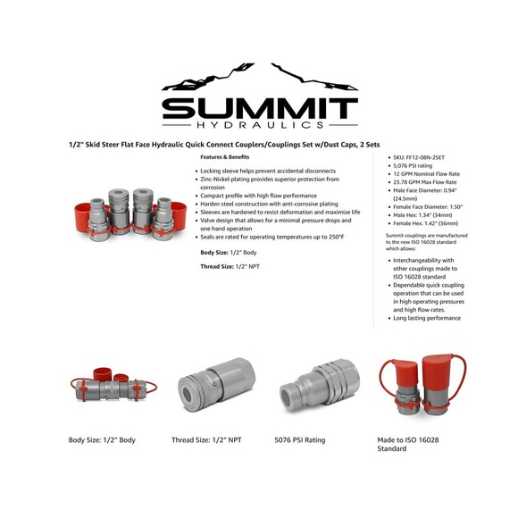 1/2 Flat Face Hydraulic Quick Connect Couplers Couplings Skidsteer Bobcat 2 Sets - Picture 3 of 7